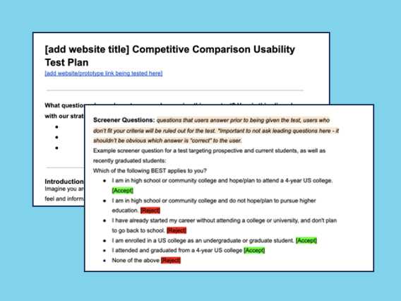 Example of UArizona template for a competitive analysis, or comparative test, tasking users with comparing similar pages